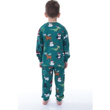 Nina Kids Yılbaşı Temalı Pamuk  Çocuk Bisiklet Yaka Yeşil Pijama Takımı