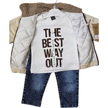 Moda Kadife Çocuk Montu Kot Pantolon Sweat Shirt Takımı