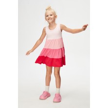 Lovetti Uçuk Pembe-Fuşya Kat Kat Renkli Kız Çocuk Büzgülü Askılı Elbise