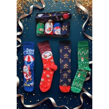 4'lü Yılbaşı Çorabı Noel Christmas Temalı Unisex Soket Çorap Karışık Kadın ve Erkek Hediye Kutulu 102