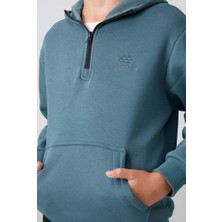 Erkek Çocuk Kapüşonlu Pamuklu Fermuar Yaka Yumuşak Dokulu Nakışlı Sweatshirt 11244 Orman Yeşili