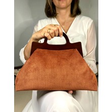 Jophiel Cassiel - Ahşap Burslu Kumaş Portföy Çanta, Clutch, El Çantası, Kadın Çanta, Çanta