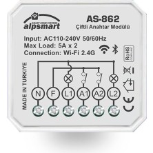 Alpsmart AS-862 Akıllı Wi-Fi Çiftli Duvar Anahtarı Modülü Tuya Uyumlu