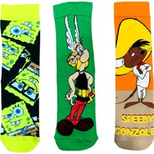 Al Bi 90Lık 3'lü Set Sünger Bob,Asterix ve Speedy Gonzales Temalı Pamuklu Soket Çorap