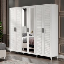 GuneyStore Ücretsiz Montaj  - % 100 MDF Paris 6 Kapaklı Aynalı Beyaz Gardırop - MDF Dolap - Elbise Dolabı