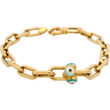 Ataş Zincirli Ortası Farklı Modern Figür Mine Nazarlıklı Şık Yeşil Altın Bileklik