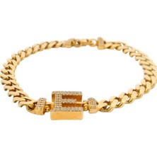 Zirkon Taş Detaylı E Harfli Gurmet Zincir Yeşil Altın Bileklik