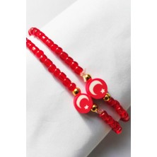 TM Tasarım Mağazası 2 Adet Ay Yıldız Kırmızı Cam Boncuklu Bileklik - 29 Ekim 23 Nisan Milli Bayram