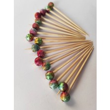 100 Adet Dekoratif Kırmızı Geçişli Simli Boncuklu Kokteyl Kürdanı 6,5 Cm- Boncuk 8 mm - Pasta Kürdanı