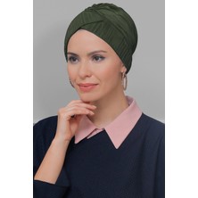 Hürrem Bone Haki Pratik Hazır Geçmeli Tesettür Bone Fukuro Piliseli Çapraz Büzgülü 1822_09