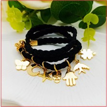 Altın Kaplama Karışık Obje Süet Örme Kadın Bileklik