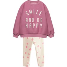 Ladin Store Yeni Sezon Kız Çocuk Pamuklu Pembe Renk Smile&happy Baskılı Sweatshirt ve Taytlı Alt-Üst Takım