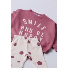 Ladin Store Yeni Sezon Kız Çocuk Pamuklu Pembe Renk Smile&happy Baskılı Sweatshirt ve Taytlı Alt-Üst Takım