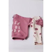 Ladin Store Yeni Sezon Kız Çocuk Pamuklu Pembe Renk Smile&happy Baskılı Sweatshirt ve Taytlı Alt-Üst Takım