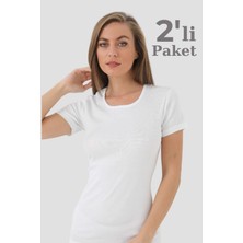 2'li Paket Kadın Beyaz Tişört Bisiklet Yaka Kısa Kollu Fanila %100 Pamuk Ribana