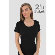 2'li Paket Kadın Siyah Tişört Bisiklet Yaka Kısa Kollu Fanila %100 Pamuk Ribana