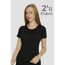 Kadın Siyah Basic Tişört 2'li Paket Pamuklu Likralı Esnek Kısa Kol Fanila