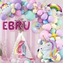 4 Harfli Yaş Seçenekli Gökkuşağı Konseptli Unicorn Temalı Makaron Balon Doğum Günü Parti Kutlama Seti - 3 yaş