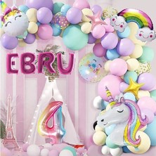 4 Harfli Yaş Seçenekli Gökkuşağı Konseptli Unicorn Temalı Makaron Balon Doğum Günü Parti Kutlama Seti - 3 yaş