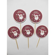 TM Tasarım Mağazası 30 Adet Dekoratif Yuvarlak Bayraklı Merry Christmas Baskılı Yılbaşı Kürdanı 6,5 cm