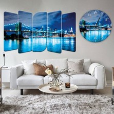 Zevahir Mobilya Dekorasyon 5 Parça Mdf Mavi Renk Köprü Manzara Tablosu Vve Mdf Saat Kombin