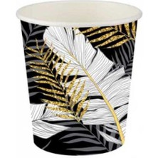 Altın Simli Yapraklar Siyah Karton Bardak 8'li