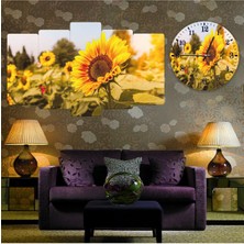 Zevahir Mobilya Dekorasyon Dekorev 5 Parça Mdf Ayçiçeği Tablo Ve Mdf Saat Kombin