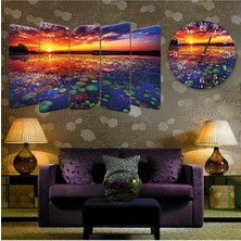 Zevahir Mobilya Dekorasyon 5 Parça Mdf Günbatımı Deniz Manzara Tablo Ve Mdf Saat Kombin