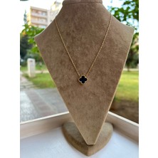 Moonjy Çelik Gold Siyah Mineli 4 Yapraklı Yonca Kolye
