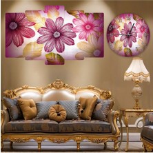 Zevahir Mobilya Dekorasyon Zevahir 5 Parça Mdf Renkli Çiçekler Tablo Ve Mdf Saat Kombin