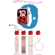 Samsung Galaxy M42 Uyumlu Açık Mavi Akıllı Saat Watch 10 Mini Kordon Hediyeli Amoled Ekran 41MM