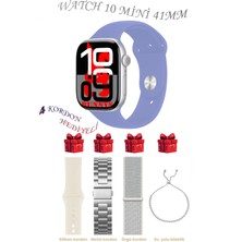 Samsung Galaxy M23 Uyumlu Lila Akıllı Saat Watch 10 Mini Kordon Hediyeli Amoled Ekran 41MM