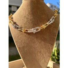 Moonjy Vıp Çelik Gold Büyük Boy Zincirli 6 Silver Zirkon Taşlı Hardwear Mix Kolye