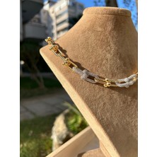 Moonjy Vıp Çelik Gold Büyük Boy Zincirli 6 Silver Zirkon Taşlı Hardwear Mix Kolye