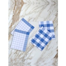 Serina 4'lü Kareli Set, Mutfak Kurulama Bezi, Beslenme Örtüsü, Amerikan Servisi, Mavi Renkli Set 45 x 70CM