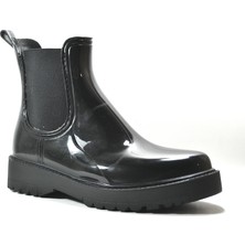 Onlo Ayakkabı RN.112 Siyah Bej Lastikli Plastik Su Geçirmez Kadın Yağmur Bot