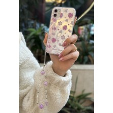Paladyum Case iPhone 11 Uyumlu Lila Çiçekli Desenli Boncuklu Bilek Askılı Charmlı Kılıf