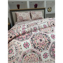Lastikli Çarşaflı Çift Kişilik Nevresim Takımı - Anadolu Pembe Motif Desenli