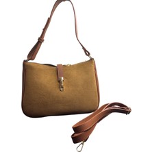 CEELDU Süet Deri Taba Kadın Uzun Askılı Fermuar Kapamalı El ve Omuz Çantası