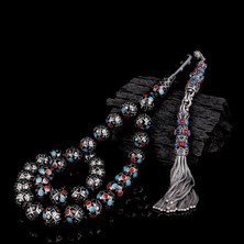 Tesbih Sepetim 11.mm Gümüş Işleme Bordo Mavi Mineli Usta El Işçiliği Kuka Tesbih