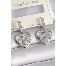 Çarşı Point Pirinç Gümüş Renk Kalp Model Zirkon Taşlı Ay Yıldız İşlemeli Kadın Küpe