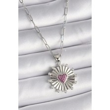 Clariss 316L Çelik Gümüş Renk Pembe Zirkon Taşlı Kalp Işleme Madalyon Model Kadın Kolye