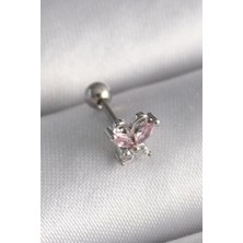 Clariss 316L Çelik Gümüş Renk Pembe Zirkon Taşlı Kelebek Tragus Piercing