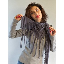 Gönülden Tasarım Gümüş Renk Boncuklu Füme Penye Püsküllü Kadın Fular Şal 180X55 cm