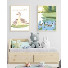 Sümer Çerçeveli, Bebek Odası Çerçeveli Poster, 2'li Ördek Çizimli Minimal Dekoratif, Pinterest Tarzı Tablo