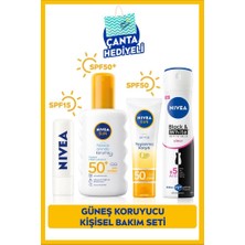 NIVEA SUN Güneş Koruyucu Sprey 200ml, Q10 Yüz Kremi 50ml, Dudak Bakım Kremi, Deodorant 150ml, Çanta Hediye