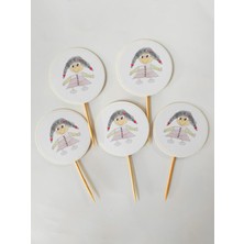 Dudu Kids 30 Adet Dekoratif Yuvarlak Bayraklı Kızçe Baskılı Pasta Kürdanı 6,5  cm