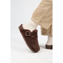 Manijero (Zeta 2 Kürklü ) Kadın Deri Kemerli Tokalı Sabo Kahve Terlik