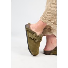 Manijero (Zeta 2 Kürklü ) Kadın Deri Kemerli Tokalı Sabo Haki Terlik