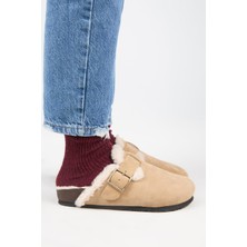 Manijero (Zeta 2 Kürklü ) Kadın Deri Kemerli Tokalı Sabo Kum Terlik